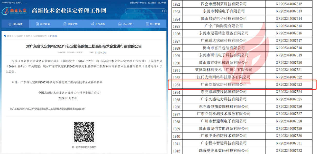 喜讯|广东创高家居科技有限公司通过“高新技术企业”认定